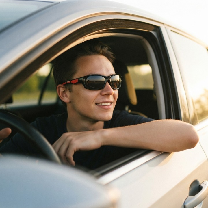 Smiling young driver wearing the black sunglasses with red arm detail, resting an arm on the car window 3
