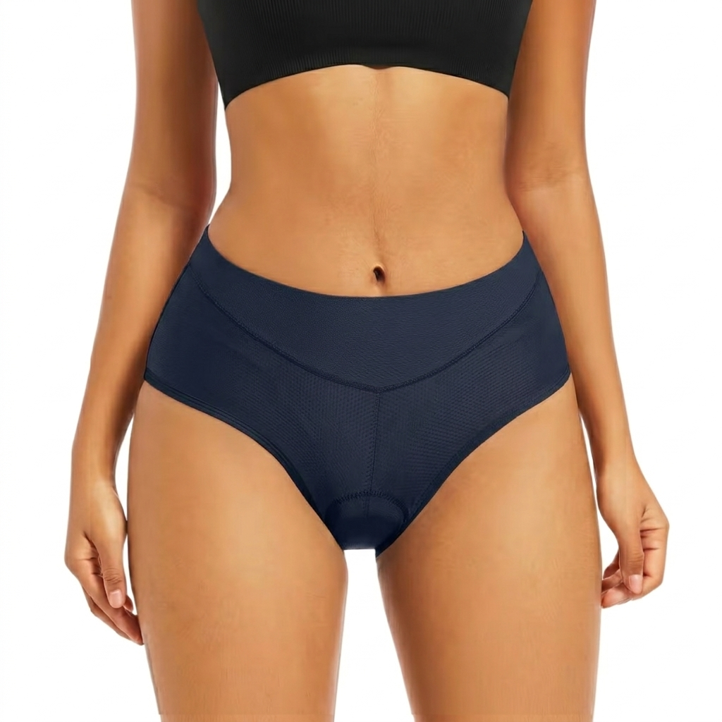 Front view on a model of the briefs in dark navy mesh fabric 7