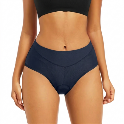 Front view on a model of the briefs in dark navy mesh fabric 7