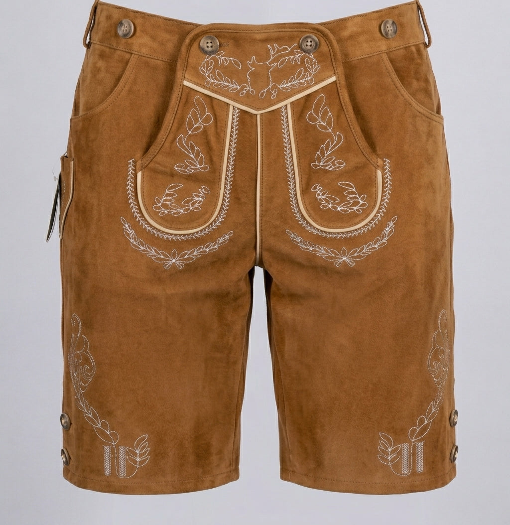Front view of light brown suede-look breeches with white embroidery, cream piping and hanging side tag 6