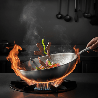 Wok on a gas burner with flames curling round the base as strips of beef and peppers are tossed mid-air. 5