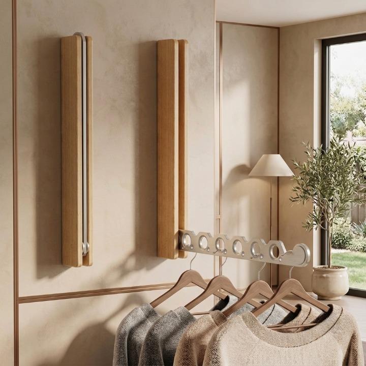 Pair of light oak racks in a styled room, one folded flat and one extended with knitted jumpers hanging. 4
