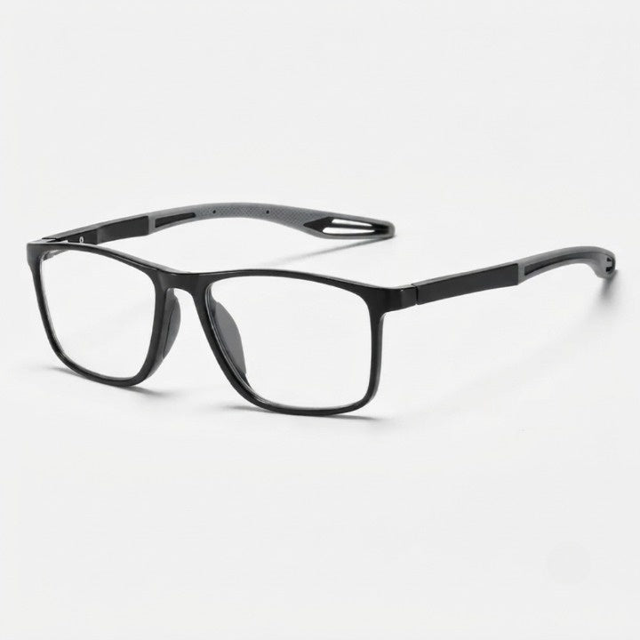 Angled view of black frames with grey arm tips and nose pads, shown against a plain white background. 6
