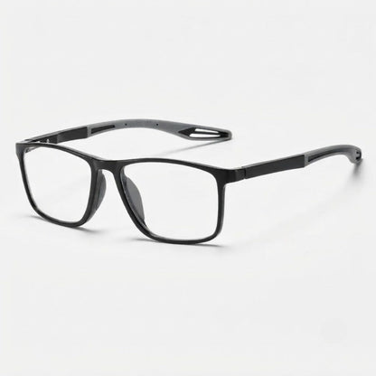 Angled view of black frames with grey arm tips and nose pads, shown against a plain white background. 6
