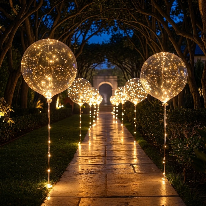 Clear balloons with warm fairy lights lining a stone garden path at night 1