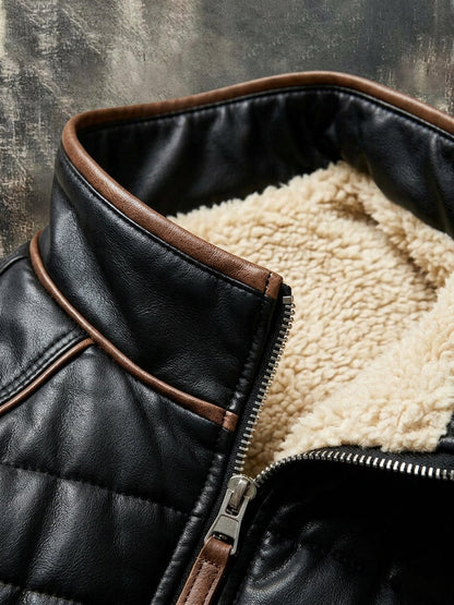 Close-up of the high collar with brown leather trim, silver zip and fleece inside 3