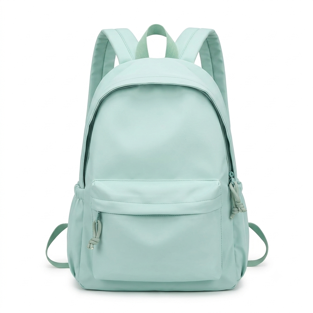 Front view of the mint green backpack with padded shoulder straps, top handle, large zipped compartment and zipped front pocket. 1