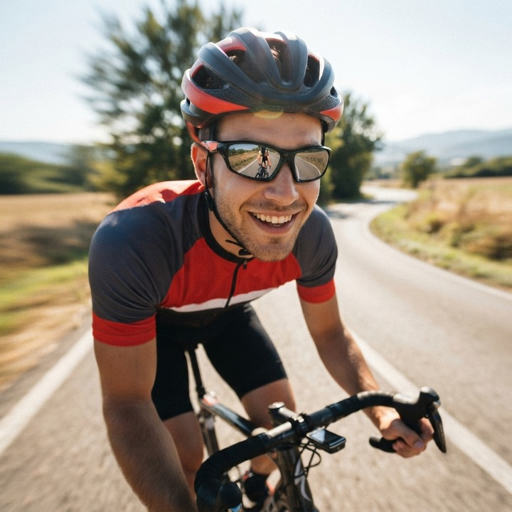 Smiling cyclist in helmet and red and grey jersey wearing the sunglasses on a sunny country road 2