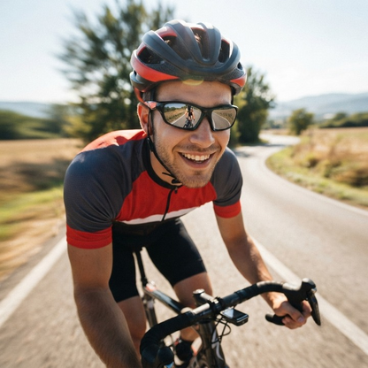 Smiling cyclist in helmet and red and grey jersey wearing the sunglasses on a sunny country road 2