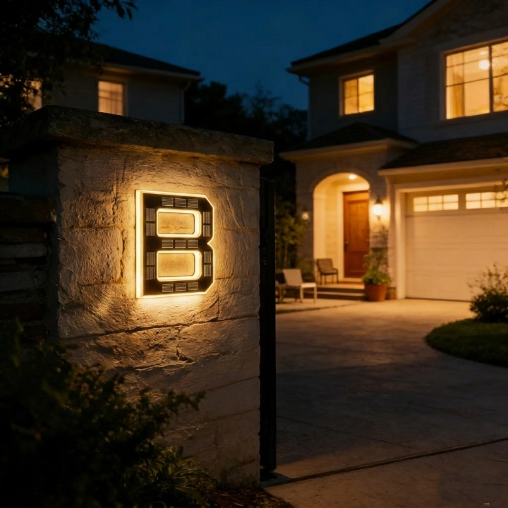 Backlit black letter B mounted on a stone gatepost at night, with a lit house and driveway behind. 16