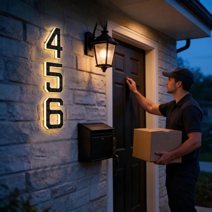 Three black illuminated digits stacked vertically on a stone wall beside a lantern and door, as a delivery man knocks holding a parcel. 3