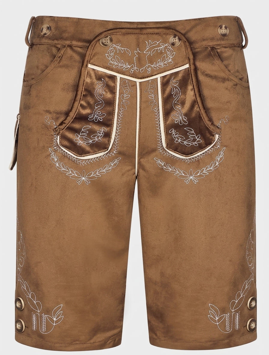 Brown breeches front view with the flap lowered to reveal the darker embroidered pocket panels 5