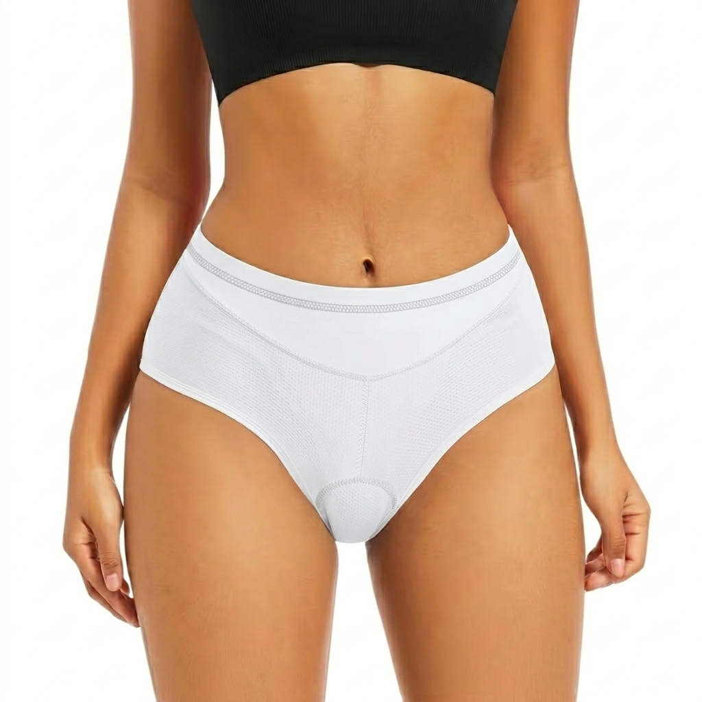 Front view on a model of white mesh briefs with a patterned stitched waistband 14
