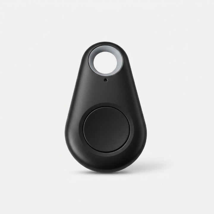 Black teardrop-shaped tracker with a round central button and keyring hole, on a plain background 5