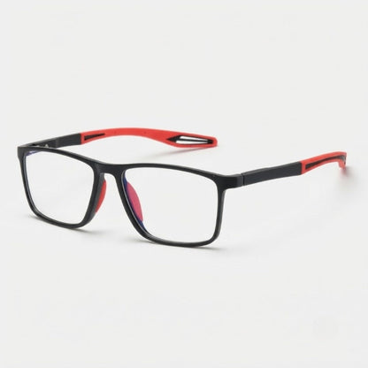 Angled view of square black frames with red silicone arm tips and red nose pads against a plain white background. 1