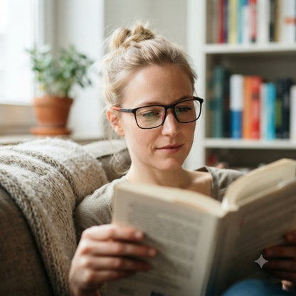 Woman with her hair in a bun reading a paperback on a sofa at home, wearing the black frames. 3