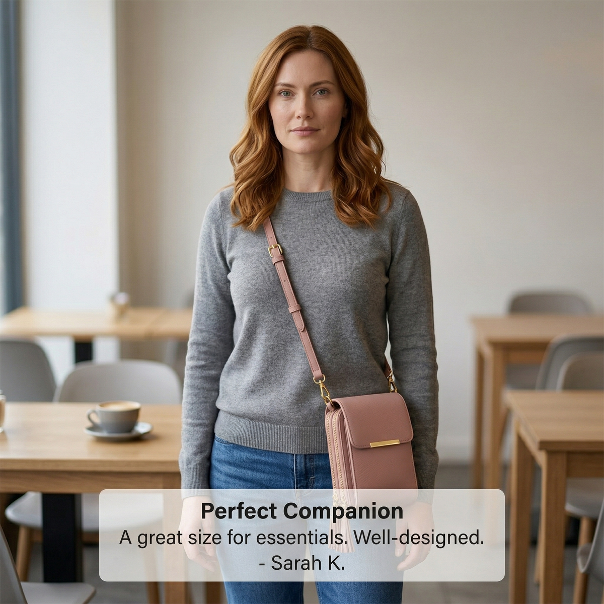 Smiling woman with wavy auburn hair in a grey jumper and jeans, wearing the dusky pink crossbody bag, with a customer review caption. 12