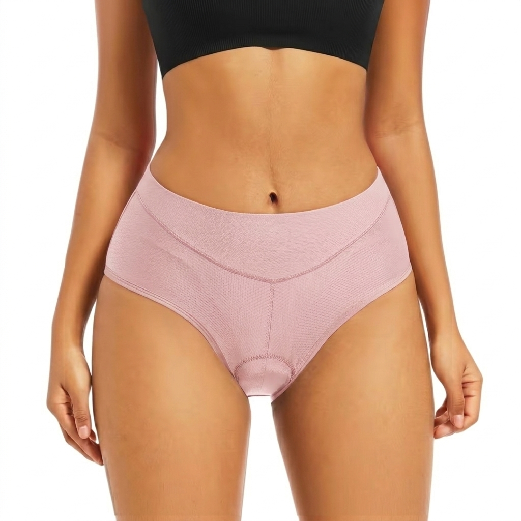 Front view on a model of the briefs in soft dusty pink textured mesh 11