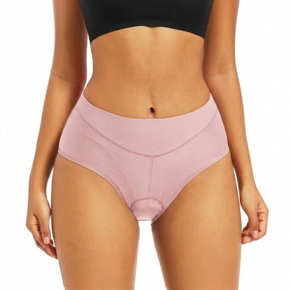 Front view on a model of the briefs in soft dusty pink textured mesh 11