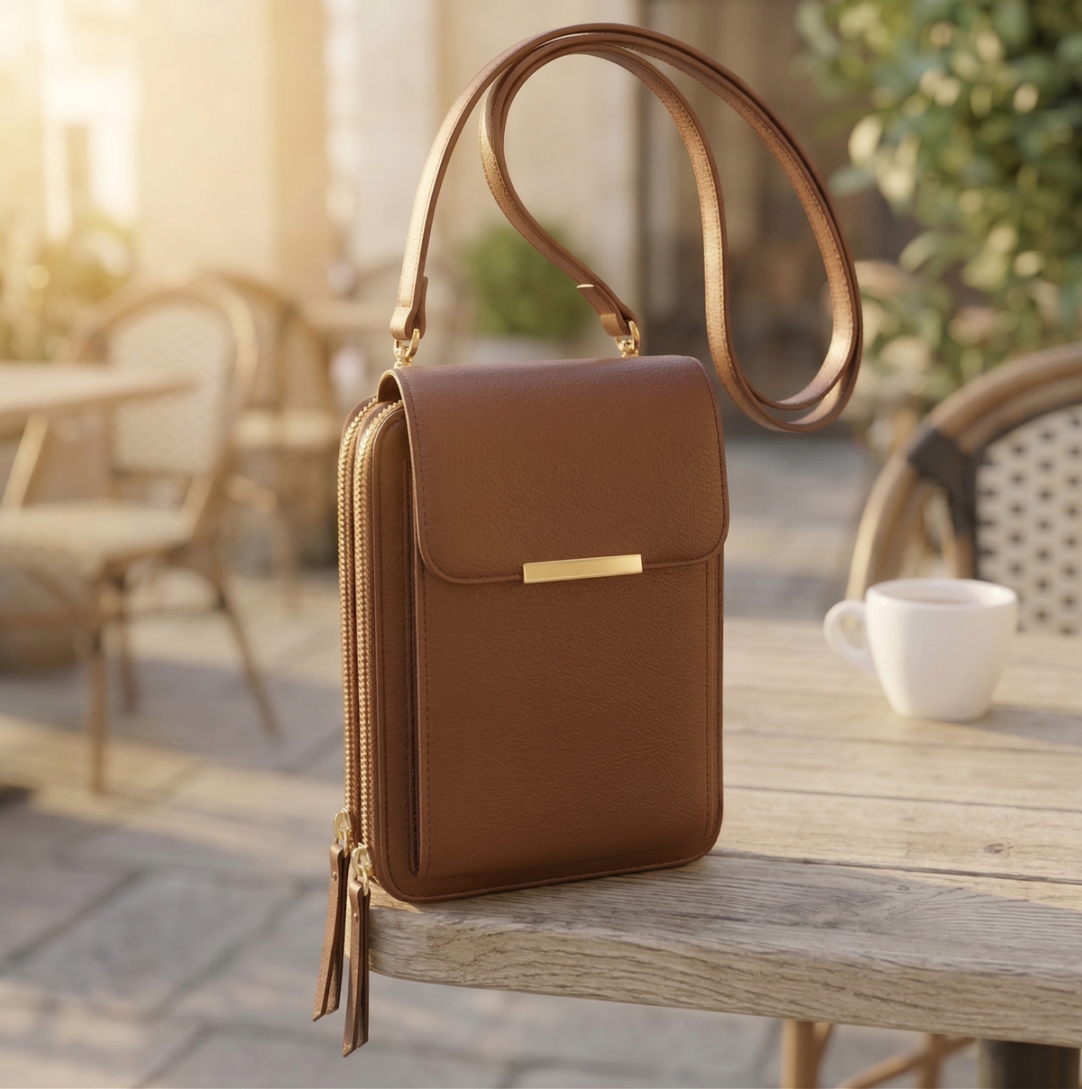 Tan brown version of the flap crossbody bag with gold bar clasp and slim strap, resting on a weathered outdoor table. 4