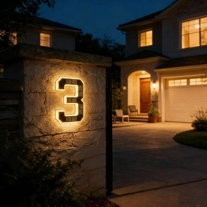 Backlit black number three mounted on a stone gatepost at night, with a lit house and driveway behind. 7