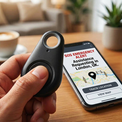 Hand pressing the tracker's button while a phone beside it displays an emergency alert and map 4