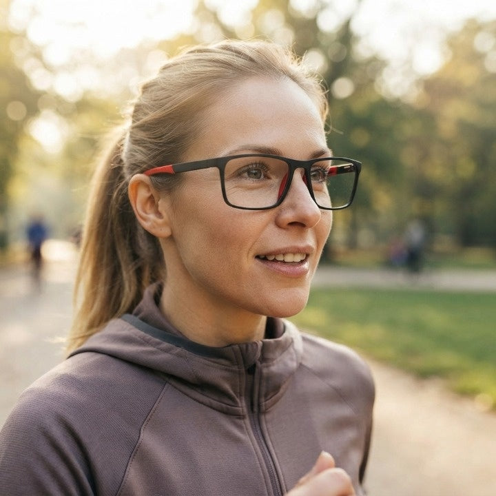 Woman with a ponytail wearing the black and red frames outdoors in a sunlit park, dressed in a hooded zip top. 2