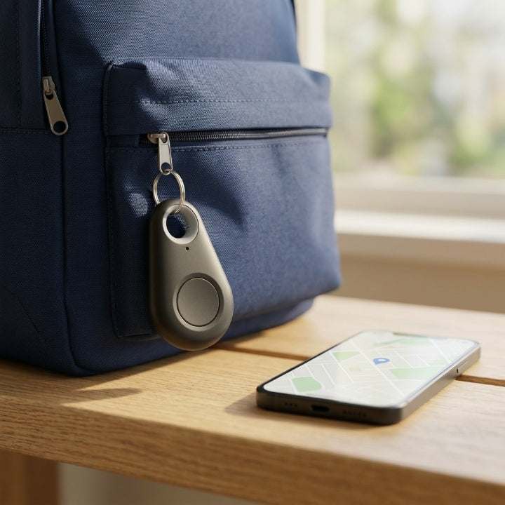 Teardrop tracker clipped to the zip of a navy backpack, with a phone showing a map beside it 1