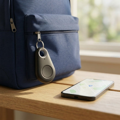 Teardrop tracker clipped to the zip of a navy backpack, with a phone showing a map beside it 1