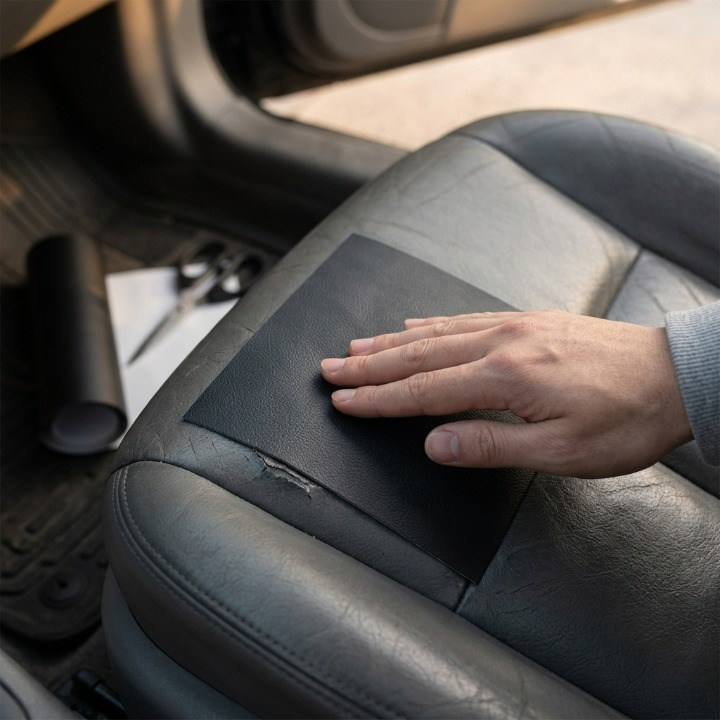 Hand smooths a black patch over a cracked grey car seat, with scissors and a roll nearby 2