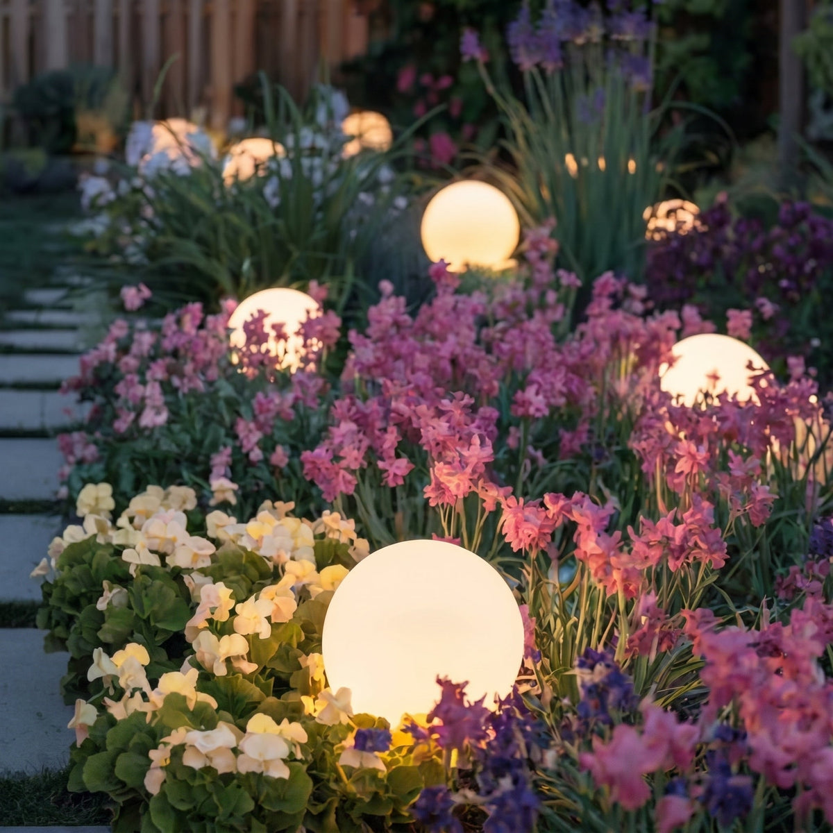 Soft warm-glowing spheres dotted through a dense border of pink, purple and cream flowers beside a paved path at twilight. 7