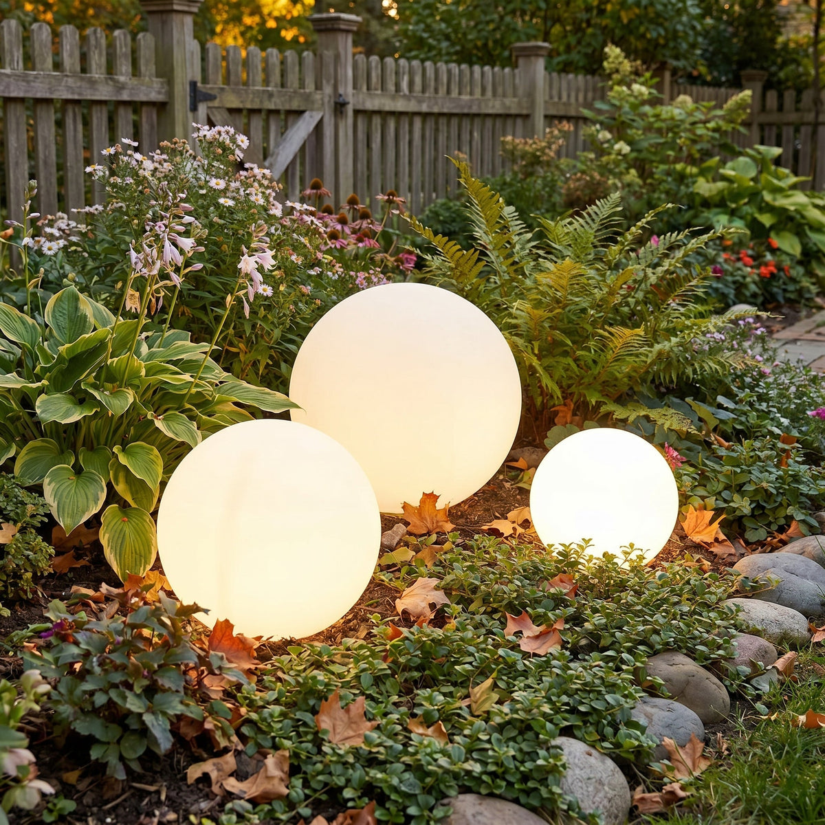 Three illuminated spheres of different sizes set in a flower bed beside a wooden picket fence, surrounded by autumn leaves. 2