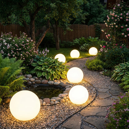 Row of lit spheres lining a curving gravel path beside a small pond, with ferns and roses in the background. 4