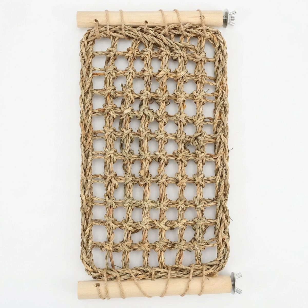 Flat lay of the woven natural-fibre climbing mat on a white background, tied to a wooden dowel at each end with twine and wing-nut fixings. 1
