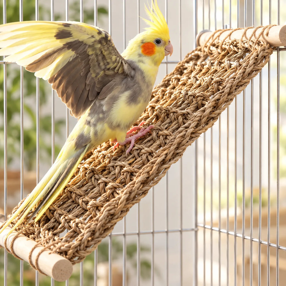 A cockatiel with wings spread stands on the mat, which is fixed at a slant inside a wire cage. 2