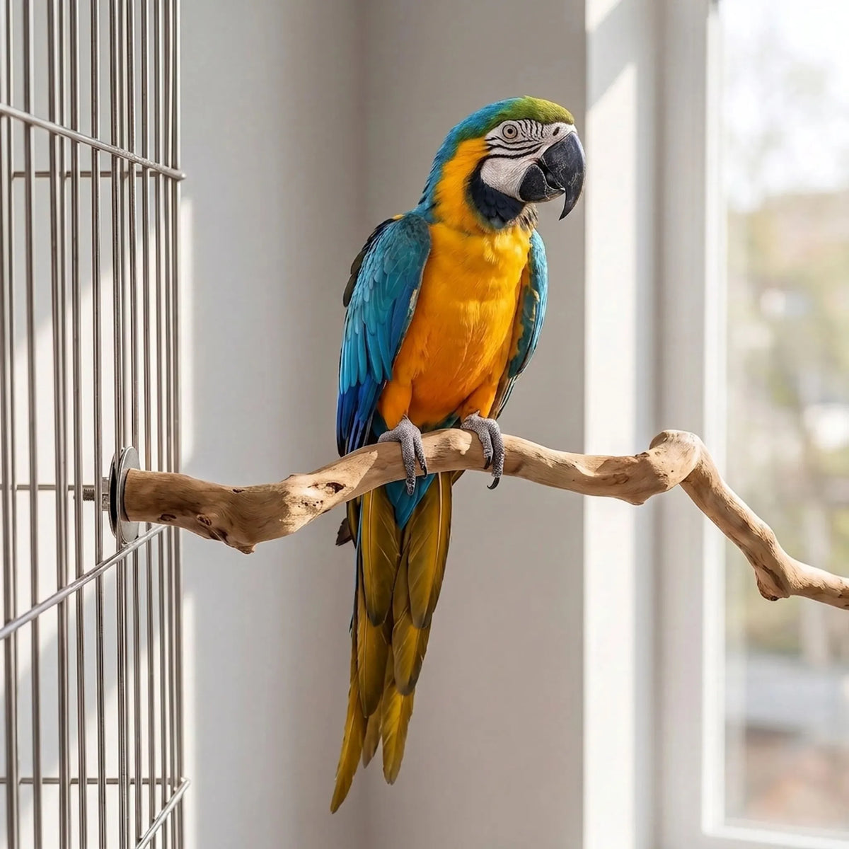 Blue and yellow macaw perched on the wooden branch, which is bolted to the side of a metal cage beside a window. 2