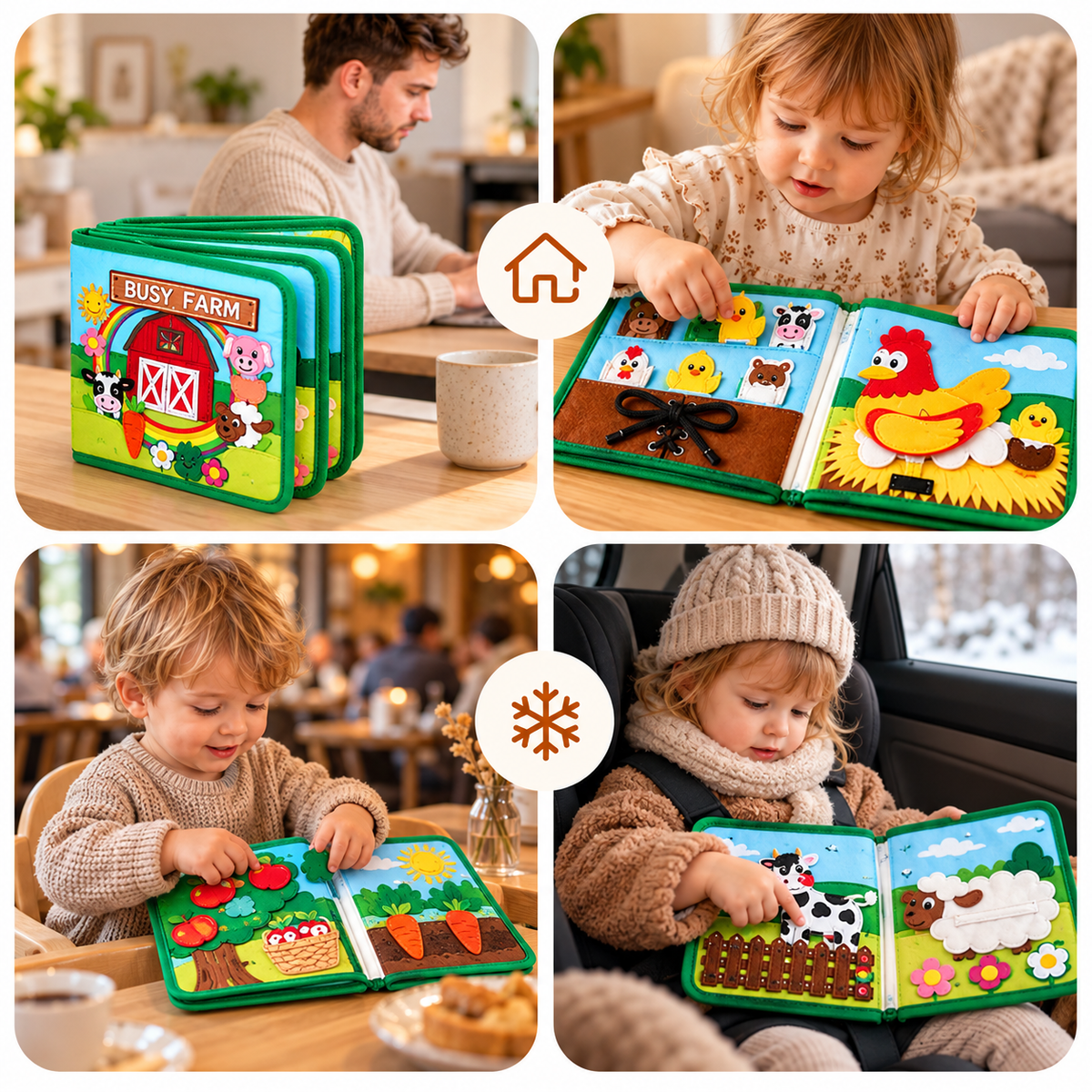 Four scenes of children using the green farm book at home, in a café and in a car 8