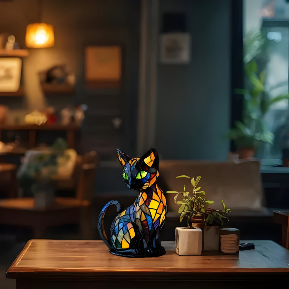 Cat lamp on a wooden table beside small potted plants in a cosy living room 3