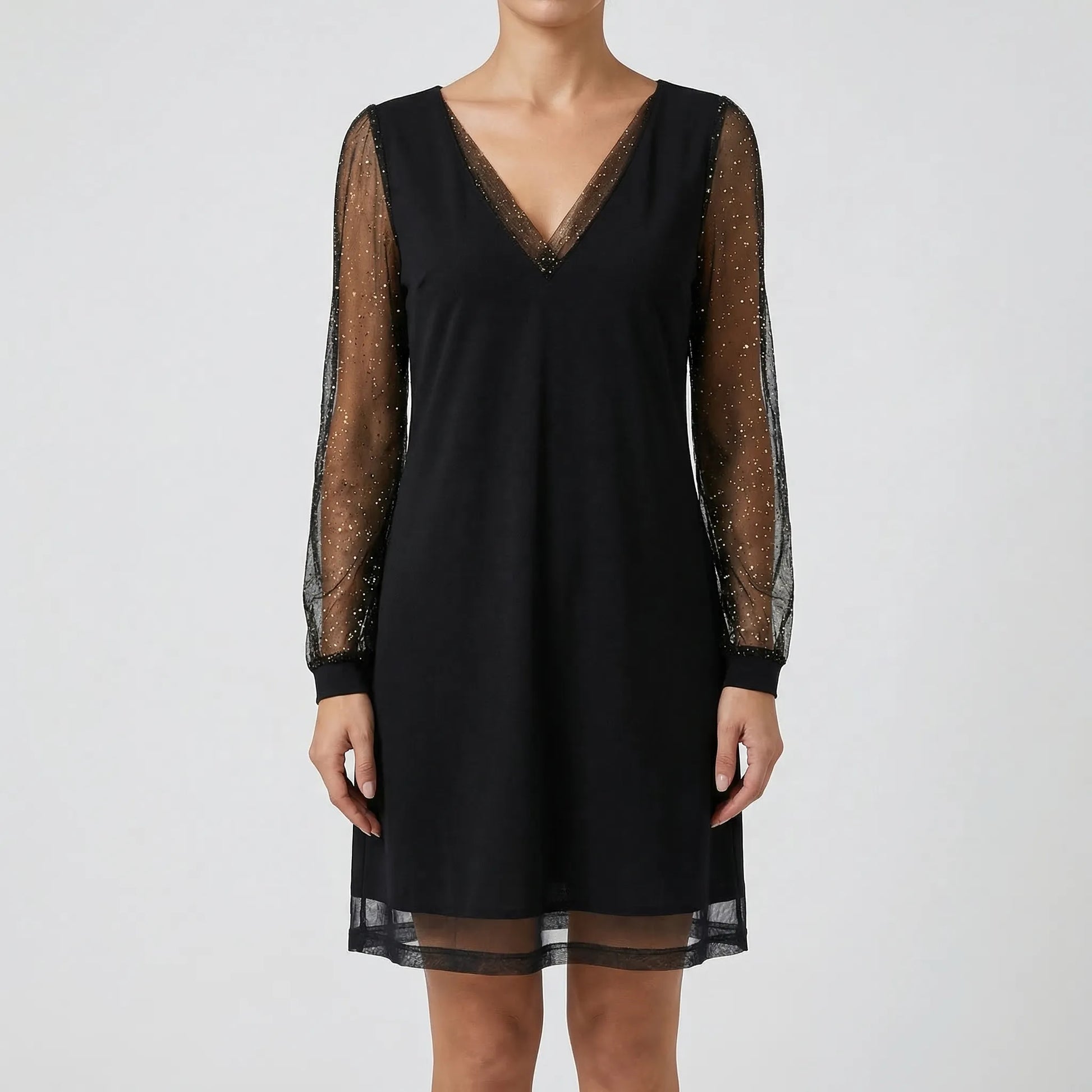 Glitter Mesh Long Sleeve Evening Dress - Alicia