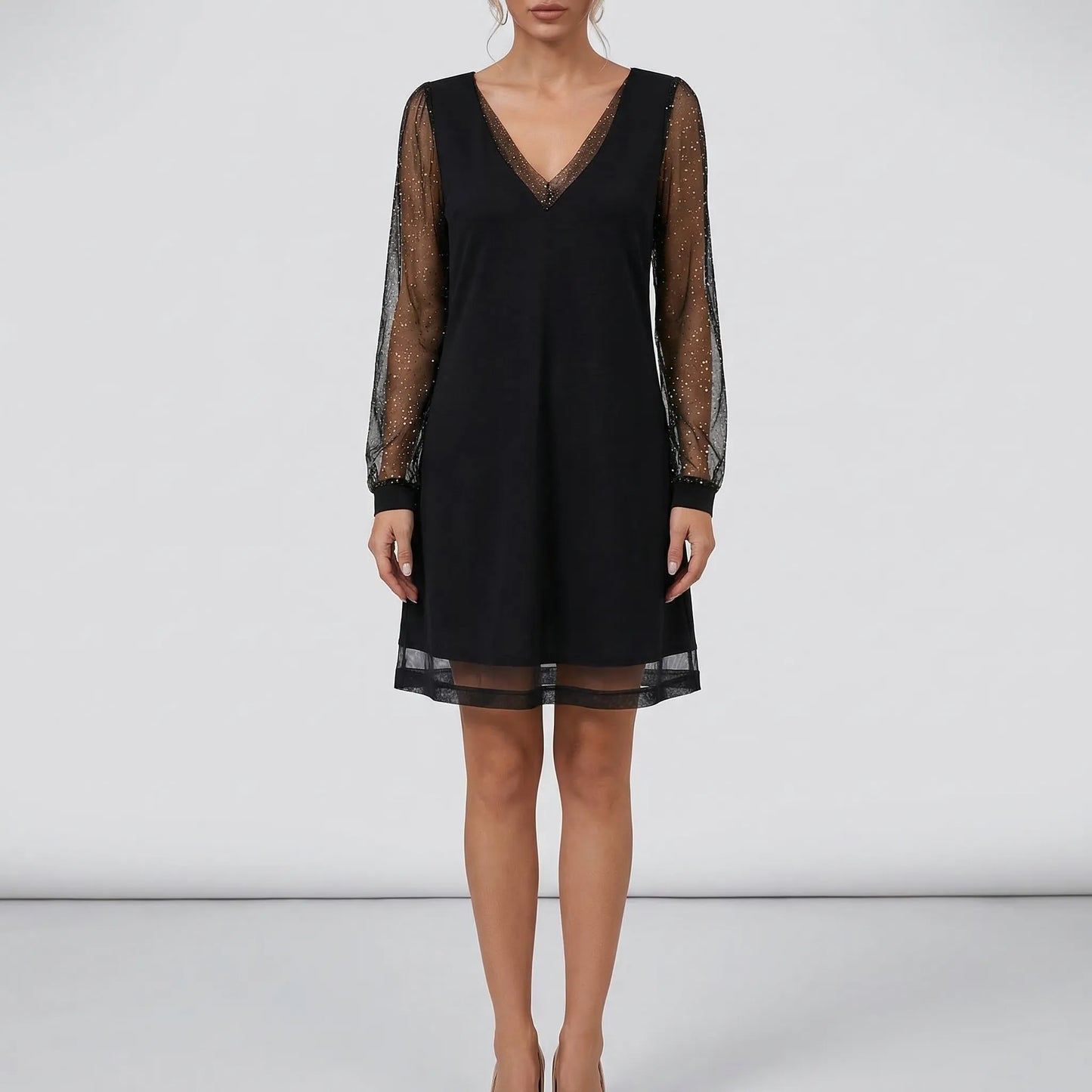 Glitter Mesh Long Sleeve Evening Dress - Alicia