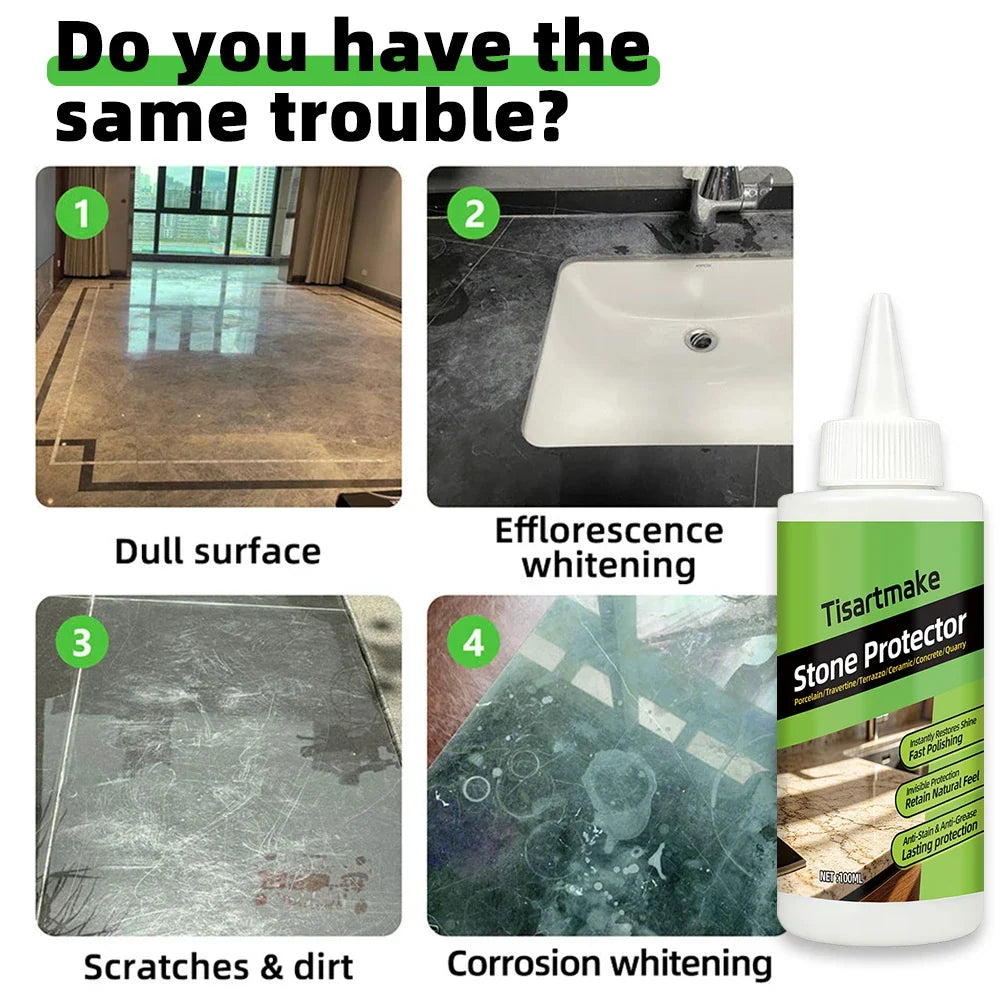 Bottle beside four problem examples: dull floor, whitened sink surround, scratched tiles and corroded stone 2