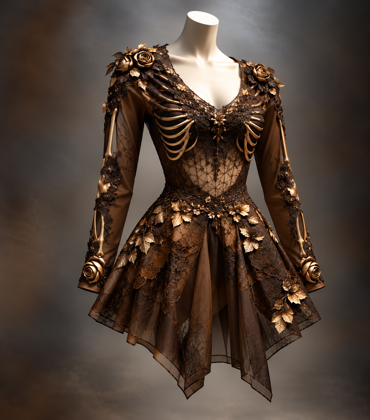 Brown version on a mannequin, with sheer lace bodice, gold rib-bone motifs, gold roses on shoulders and cuffs, and an uneven hemline. 3