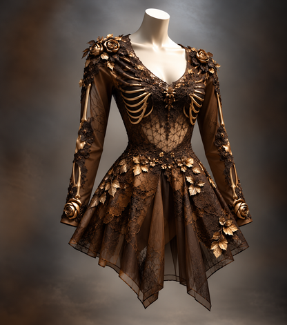 Brown version on a mannequin, with sheer lace bodice, gold rib-bone motifs, gold roses on shoulders and cuffs, and an uneven hemline. 3