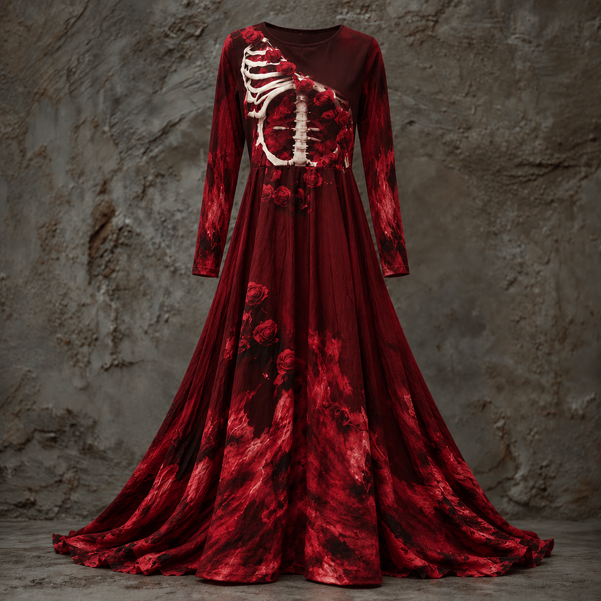 Deep red version of the long-sleeved gown, with a pale rib cage and roses on the bodice and a mottled skirt. 2
