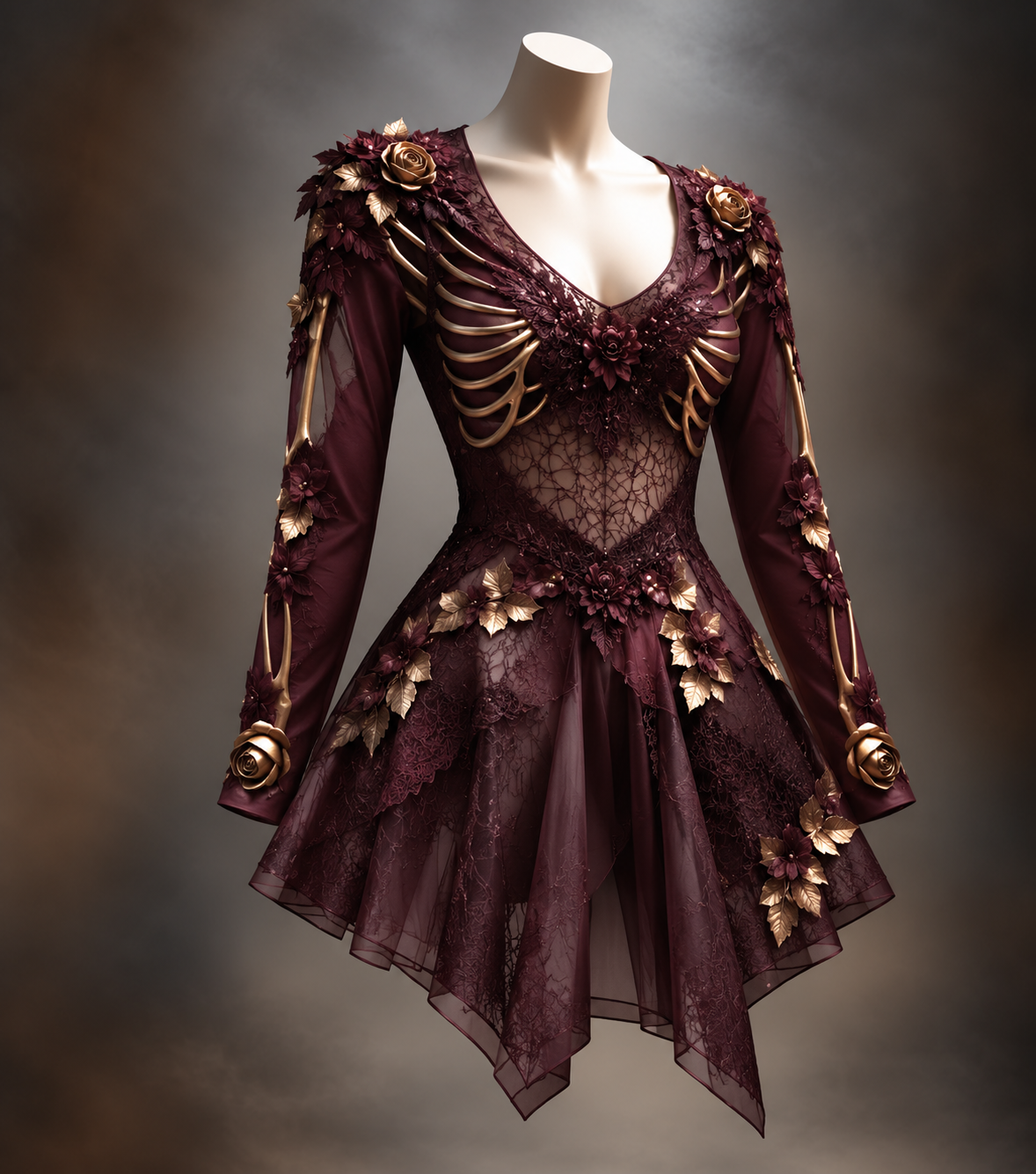 Burgundy version on a mannequin, with sheer lace overlay, gold rib-bone details, and gold roses and leaves at shoulders, cuffs and skirt. 2
