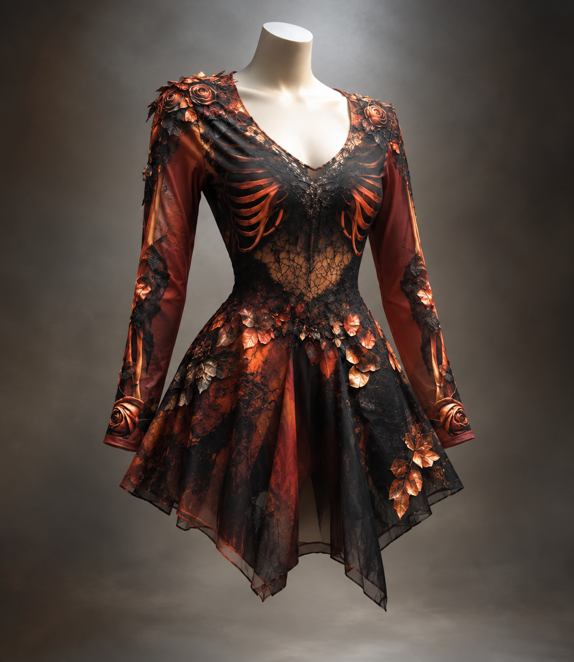 Red and black version on a mannequin, with printed rib-bone pattern, copper-toned roses and leaves, and a sheer black pointed skirt. 6