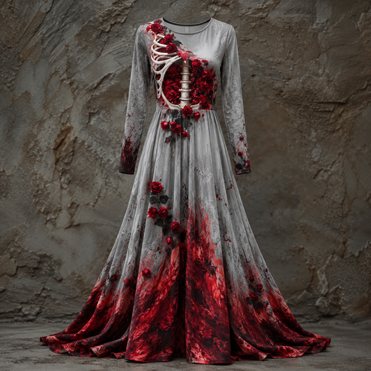 Grey version of the maxi dress with a rib cage and red roses on the bodice, blood-red splashes at the hem. 1