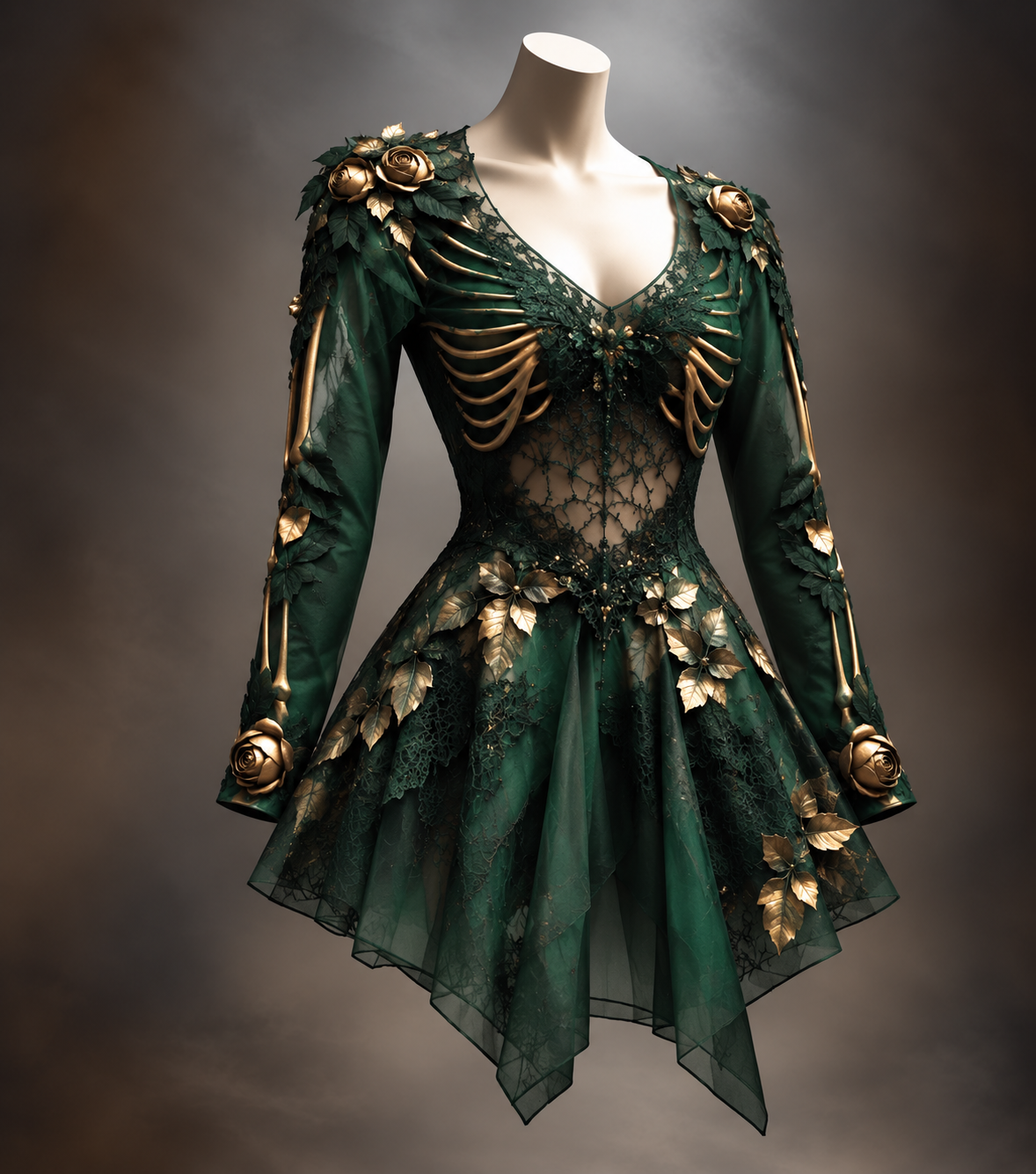 Dark green version on a mannequin, with sheer lace panels, gold rib-bone design, gold roses and leaves, and a layered pointed hem. 5