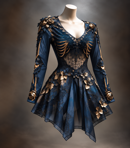 Navy blue version on a mannequin, with lace-covered sheer bodice, gold rib-bone details, gold roses, and a flared handkerchief skirt. 4