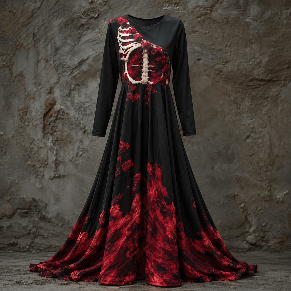 Black version of the gown with a bone-white rib cage and red roses on the bodice, red flame-like pattern at the hem. 3